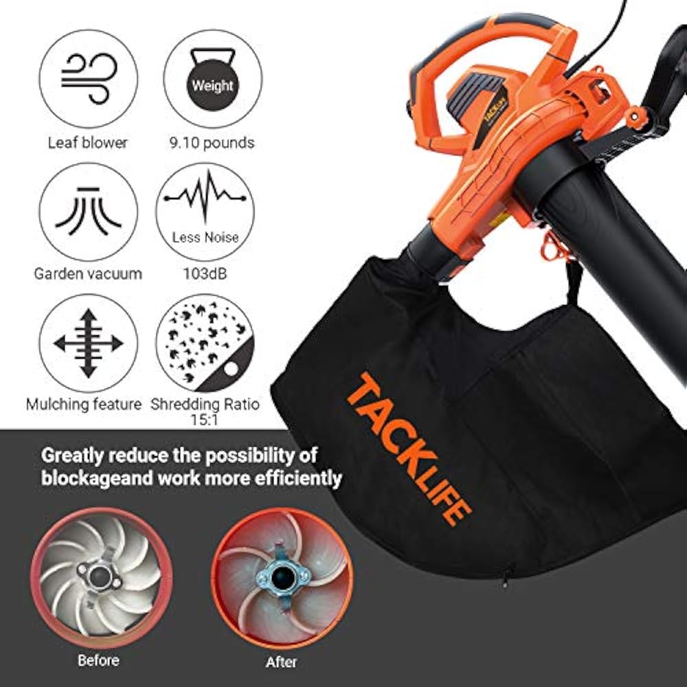 TACKLIFE 3 In 1 Leaf Blower/Vacuum/Mulcher, 12 Amp Blower, 175 MPH