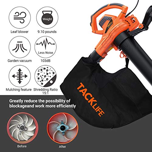 TACKLIFE 3 in 1 Leaf Blower/Vacuum/Mulcher, 12 Amp Blower, 175 MPH
