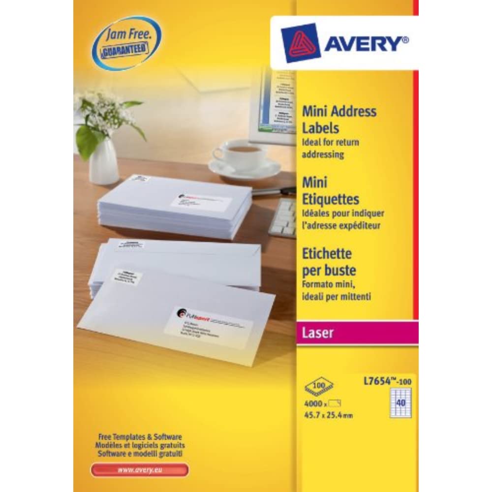 Avery L7654-100 Mini Organising/Return Address Labels (A4 Sheets of 45.7 x 25.4 mm, 40 Labels Per Sheet, 100 Sheets) - White
