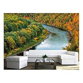 Upper Delaware River Bends Through a Colorful Autumn Forest, Near Port Jervis, New York - Removable Wall Mural | Self-Adhesive Large Wallpaper - 66x96 inches
