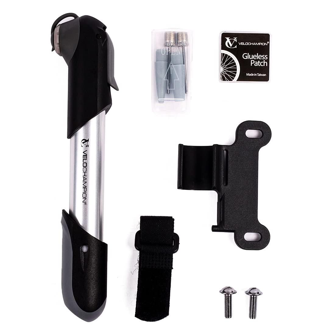 VeloChampion Mini Bike Pump with Frame Mount | Portable Compact Alloy Bicycle Pump with Frame Mount | Presta, Schrader & Dunlop Valves (Alloy 7 Pump + Repair Patches)