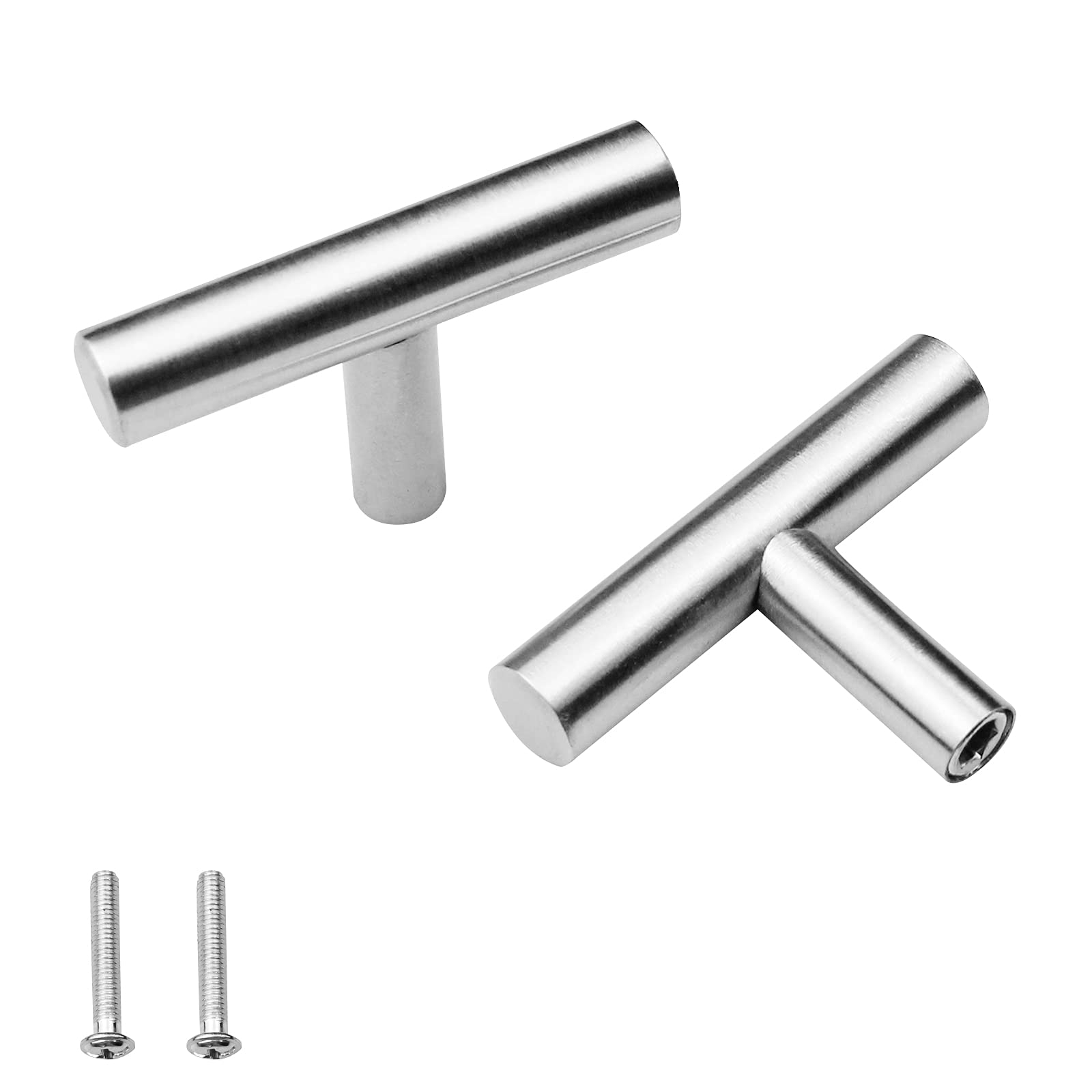 hocadon 10Pcs T Bar Handles Brushed Stainless Steel, Single Hole Square T Bar Handles, Kitchen Door Handles with Screws for Cupboard Furniture, Silver(50mm)
