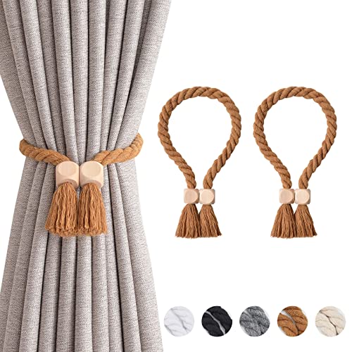 Pretty Jolly 2 Pack Wooden Cube Magnetic Curtain Tiebacks Boho Home Decor Drape Tie Backs Natural Cotton Hand Woven Rope Curtain Holdbacks for Home & Office Window Draperies (Light Coffee)