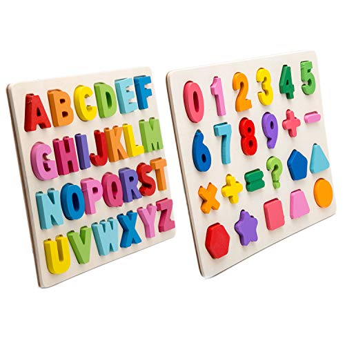 Alphabet Blocks Learning Puzzle | Wooden Upper Case Letter and Number Learning Board Toy - Ideal for Early Educational Learning for Kindergarten Toddlers & Preschools