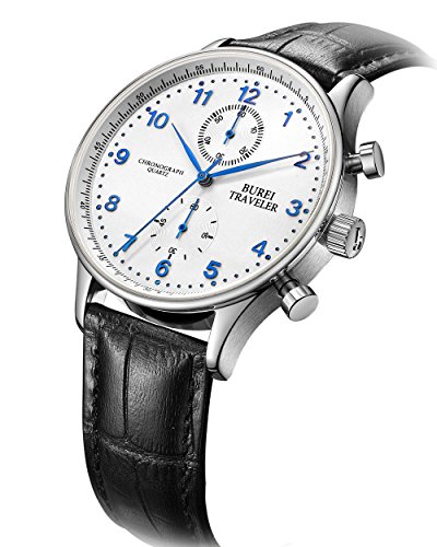 BUREI Dress Chronograph Watch Blue Arabic Numerals Analog Quartz Stopwatch with Black Leather Band