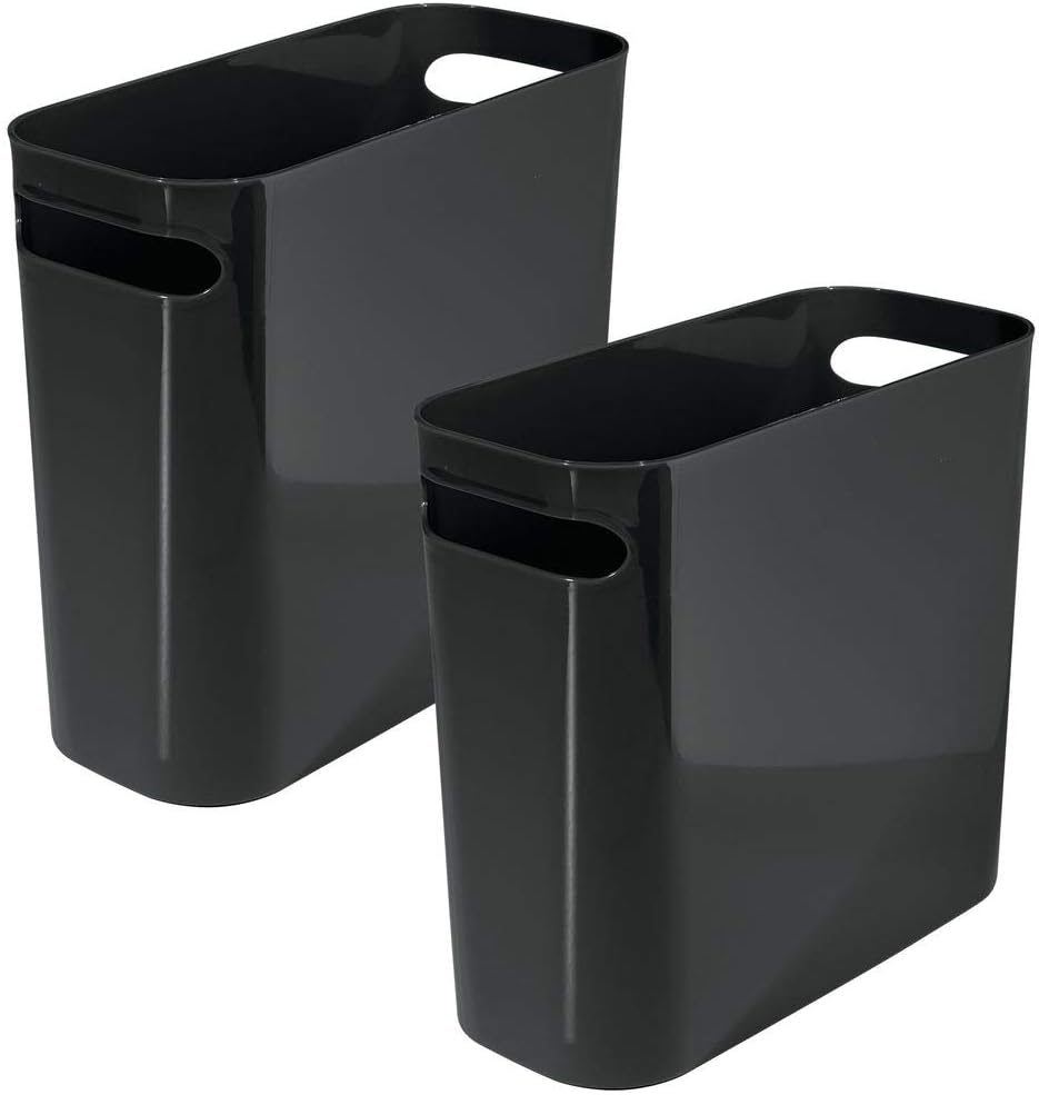 mDesign Slim Plastic Rectangular Small Trash Can Wastebasket, Garbage Container Bin with Handles for Bathroom, Kitchen, Home Office, Dorm, Kids Room - 10" High, Shatter-Resistant - 2 Pack - Black