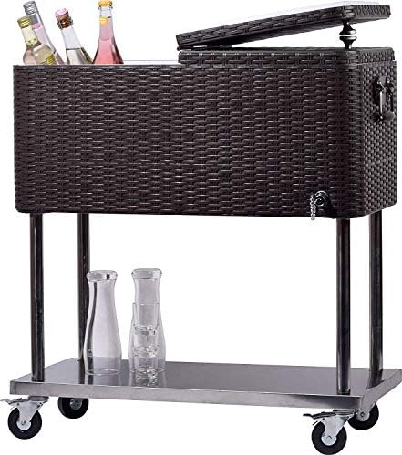 Rollable Cooler Trolley 76 L Storage Shelf Bottle Opener Cold Drinks Food Party BBQ Outdoor Garden Patio Serving Cart Poolside Brown Rattan