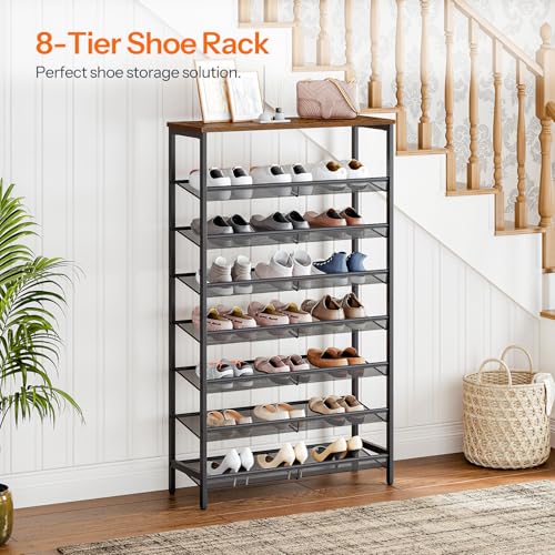 HOOBRO Vertical Shoe Racks for Entryway, 8 Tier Tall Shoe Storage Shelf for Small Space, Narrow Shoe Racks for Bedroom, Industrial Shoes Rack Organizer, 21-24 Pairs of Shoes, Rustic Brown EBF18XJ01