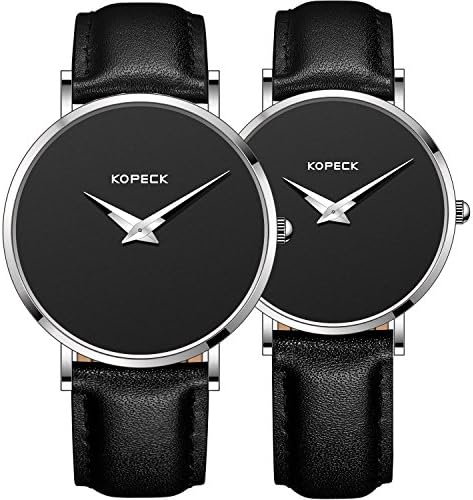 KOPECK Ultrathin Scale-Free Waterproof Quartz Movement Black Dial Watches for Couple (black leather)