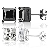 Queen Jewelers Sterling Silver Black And White Cubic Zirconia CZ Princess-Cut Stud Earrings Set of 2