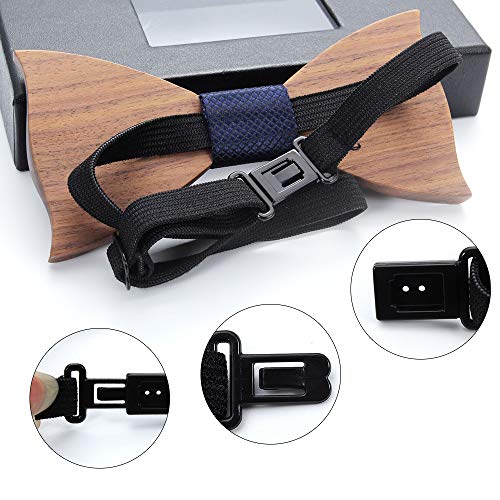 Mens Wooden Bow Tie with Matching Pocket Square Cufflinks Set Classic Handmade (dark blue)