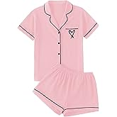 LYANER Women's Pajamas Set Heart Print Button Short Sleeve Shirt with Shorts Sleepwear PJs Set