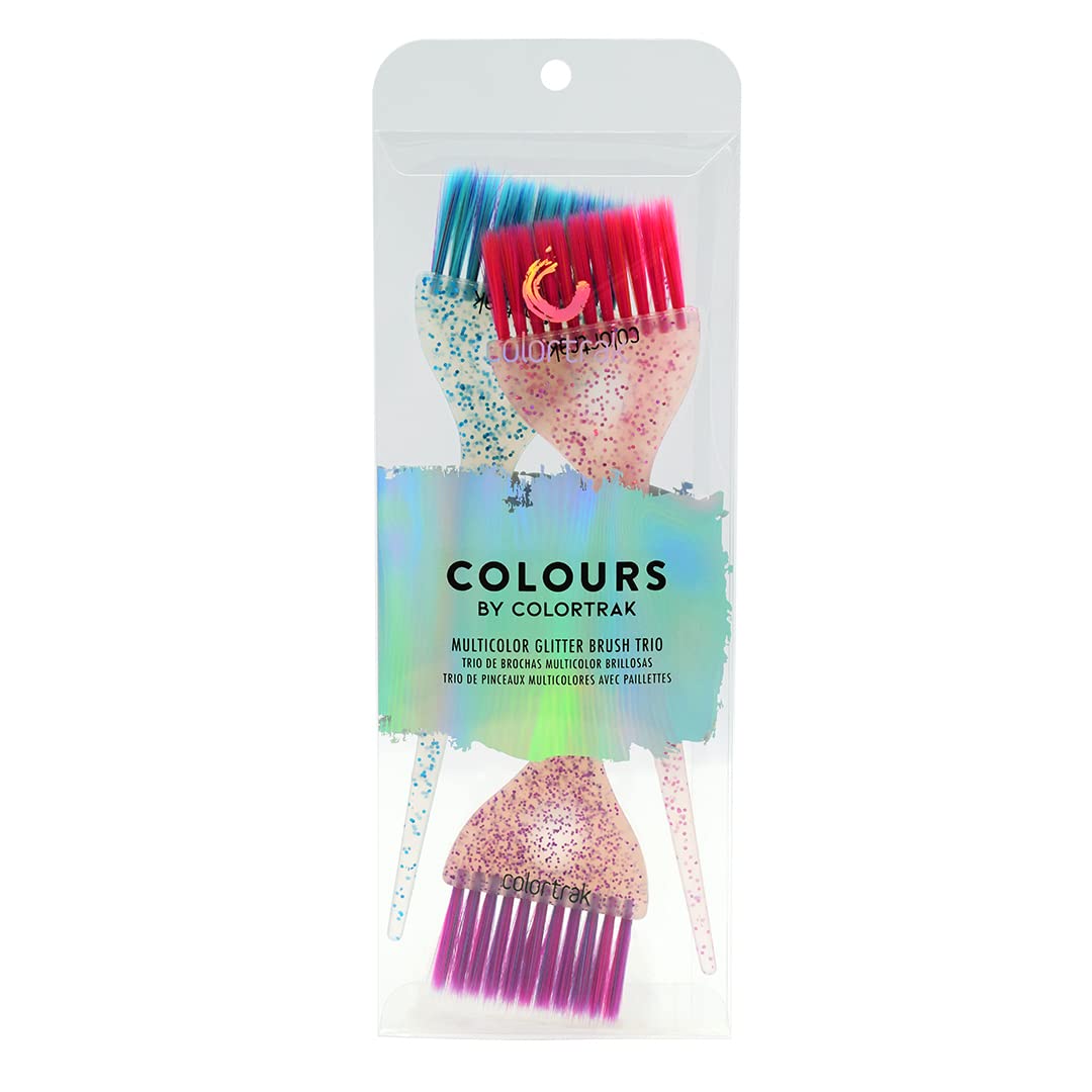 Colortrak 3 Pack Hair Color Brush Set with Glitter Handles for Highlighting, Tint and Coloring Hair Sections - Soft Feathered Bristles Application 3.5 x 11 inch