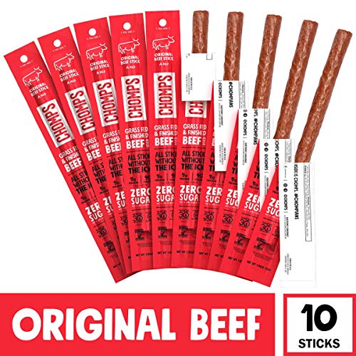 CHOMPS Grass Fed Beef Jerky Meat Snack Sticks, Keto, Whole30 Approved, Paleo, Low Carb, High Protein, Gluten & Sugar Free, Non-GMO, 90 Calories 1.15 Oz, Original Beef 10 Pack - Packaging May Vary (Best Way To Get Coconut Meat Out)