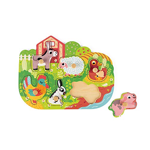 Janod 6 Piece Colorful Happy Farm Wooden Knob Puzzle - Ages 18 Months+ - J07096