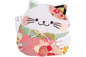 BAR AUTOTECH Zipper Maneki Neko lucky cat coin purse- Chirimen Kimono Print Style kawaii Cat Coin Wallet Holder for Coin Money Credit cards (Pink)