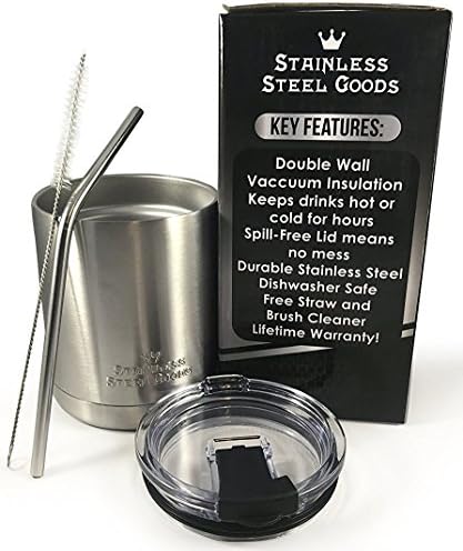 Stainless Steel Goods - 10oz Lowball Insulated Tumbler - Straw and Cleaner Included - Travel Mug used for Coffee, Smoothies, Drinks, Whiskey Tumbler Glass - Keeps Ice Cold for Hours in Cup