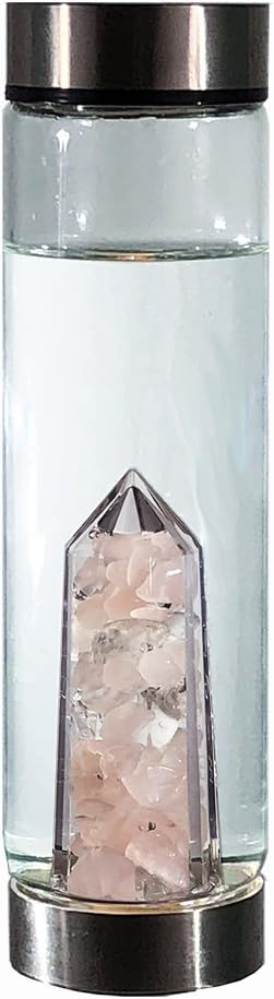bewaterReusable Glass Water Bottle with Rose Quartz and Rock Crystal Gemstones | Lead Free Borosilicate Glass | 500ml with a Wide Open Neck and Screw top lid. (belove Harmony)