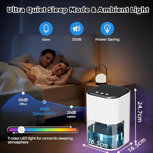 Beauenty Home Dehumidifier, 2L Water Tank, Quiet, 7 Color LED Light, Auto Off, Bedroom, Bathroom, RV, Closet