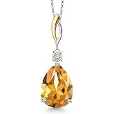 Gem Stone King 925 Silver and 10K Yellow Gold Yellow Citrine and White Moissanite Pendant Necklace for Women | 11.12 Cttw | Gemstone November Birthstone | Pear Shape 18X13MM | With 18 Inch Chain