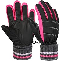 VBG VBIGER Boys Girls Winter Gloves Kids Ski Snow Snowboard Gloves Warm Cold Weather Sports Gloves for Children 6-12 Years Old (Small, Black/RoseRed)