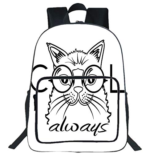 iPrint 19" Large Casual Backpack,Cat,Cool Smart Fashion Kitty Image in Big Glasses Hipster Trendy Pet Kids Satire Sketch,Black White,for boys girls