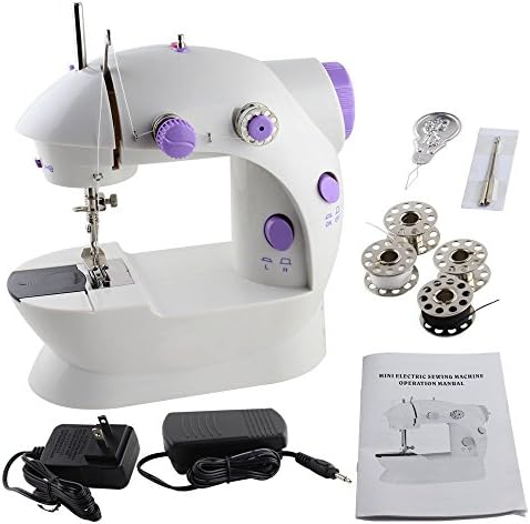 Portable Sewing Machine, 2-Speed Double Thread, Mufti-function Automatic Tread Rewind Sewing Machine with LED (White and Purple)