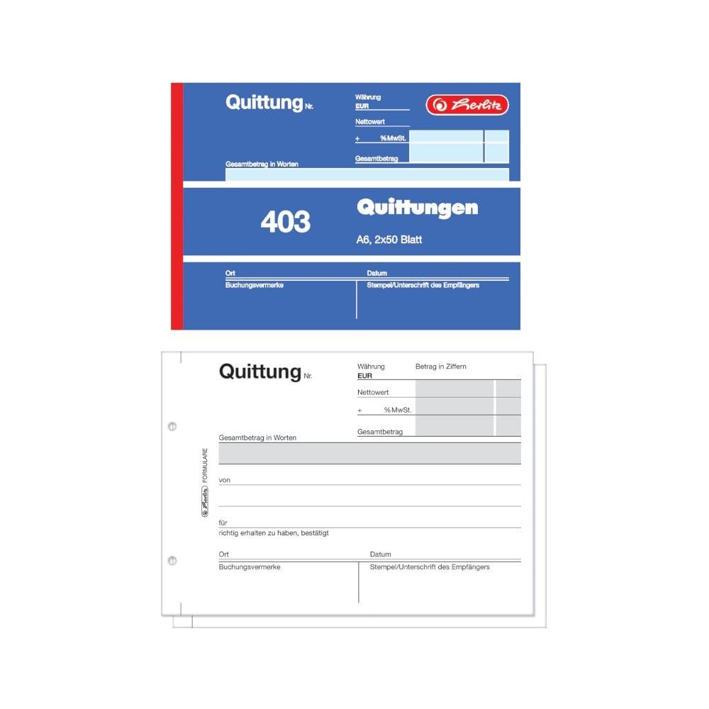 Herlitz 886606 Receipt Book A6, 50 Sheets, Pack of 10 2 x 50 Blatt