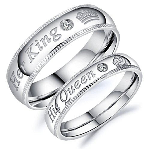 His or Hers (Sold Separate Price Is for ONE Ring Only) "His Queen" "Her King" Stainless Steel Couple Wedding Bands Ring with CZ Stone-CR152 (women's size 7)