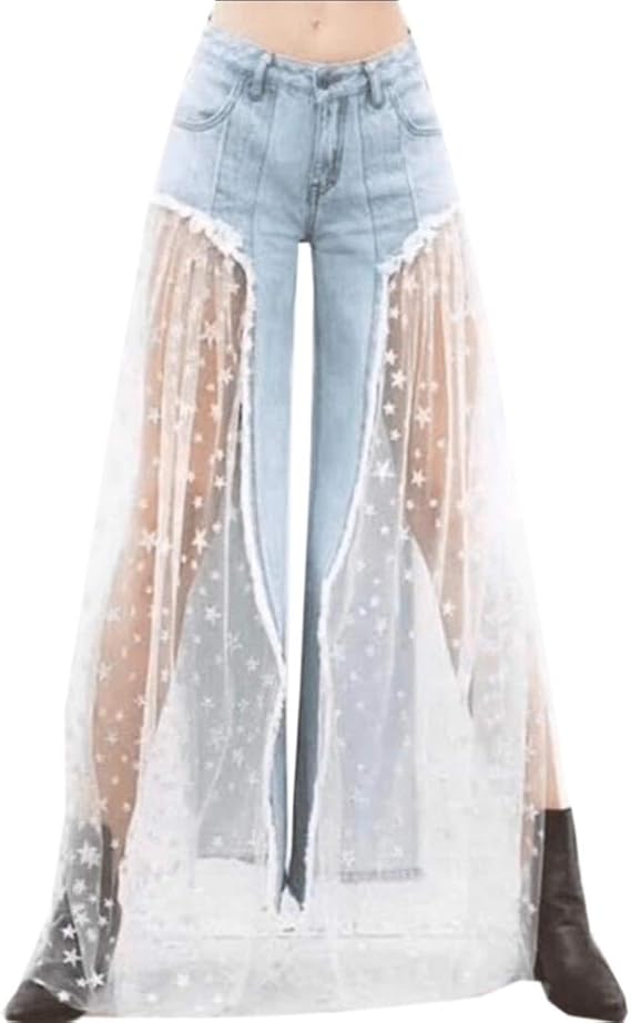 Tootess レディースワイドレッグネット糸シースルーファッションデニムスパンコールデニムジーンズ スカート 通販 Amazon