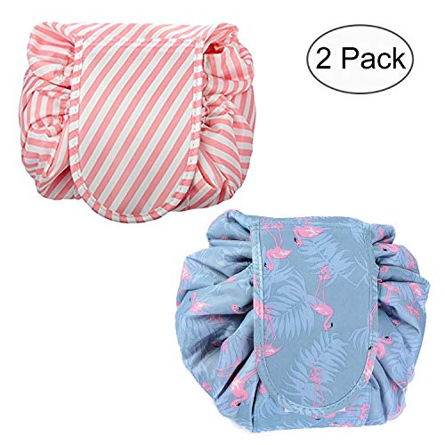 TANTO Lazy Makeup Bag Drawstring Cosmetic Bag Portable Quick Pack Travel Makeup Pouch Case Multifunctional Waterproof Toiletry Bags Makeup Brushes Storage Organizer (Pink and Blue)