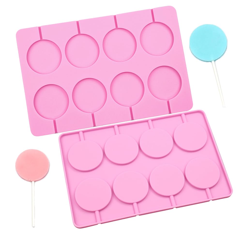 2 PCS Silicone Lollipop Molds - 8-Capacity Hard Candy Molds - Pink Round Chocolate Moulds for Lollipop, Hard Candy, Chocolate, Cake Pop, Ice Cube Sucker