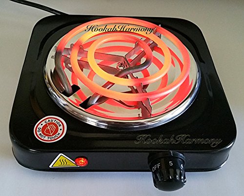 HookahHarmony Hookah Charcoal Coco Burner 1100 Watt Hot Plate FREE Titanium Coals + Shisha Tongs Black Electric Nara Heater Single Coil Stove