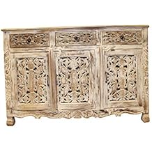 Mogul Interior Antique Whitewashed Floral Hand Carved Chest 3 Drawers 3 Doors Indian Sideboard Buffet