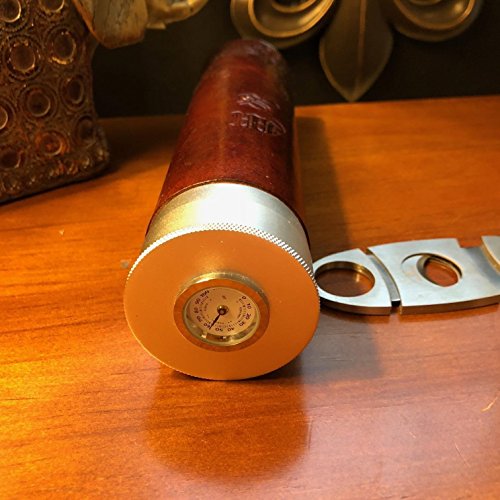 Leather Cigar Humidor and Hygrometer Tube, Built-In Humidifier, Up to 5 cigars case