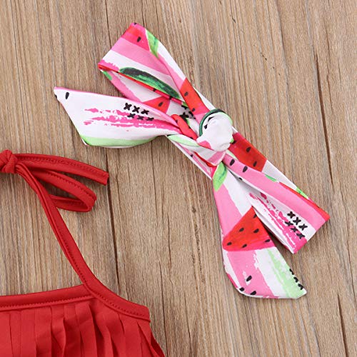 Toddler Kids Baby Girl Swimwear Cute Dinosaur Print Tassel Top Bikini Set Summer Swimsuit Beachwear with Headband (Watermelon-Red, 12-18 Months) - Thumbnail 3