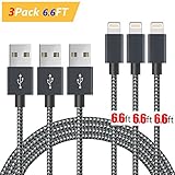 Lightning Cable 6.6 ft,[3-Pack]Durable and Fast Charging 8pin Lightning to USB Cable for iPhone7/7plus/6/6plus/6s/6splus/5/5s/5c/SE, iPad 2 3 4 Mini Air Pro, iPod -White(Black &Gray)
