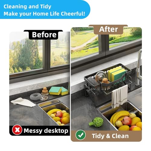 Terrifi Sink Caddy Organizer With Drain Tray, Sponge Holder For Kitchen Stainless Steel Perfect Sponge, Dish Soap Dispenser, Cleaning Towel, Scrubber, And Utensils