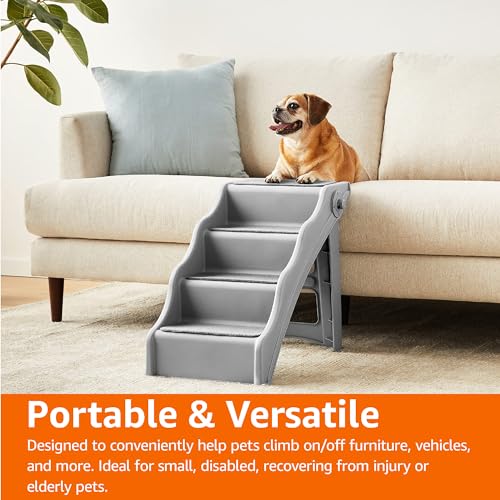 AMAZON BASICS FOLDABLE NON-SLIP PET STAIRS FOR SMALL DOGS AND CATS, SENIOR PETS, EASY TO CLIMB, 14.6″ X 22.75″ X 19.5″, GREY