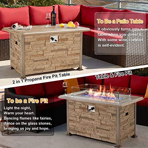 Vicluke 44 Inch Aluminum Propane Fire Pit Table with Faux Ledgestone
