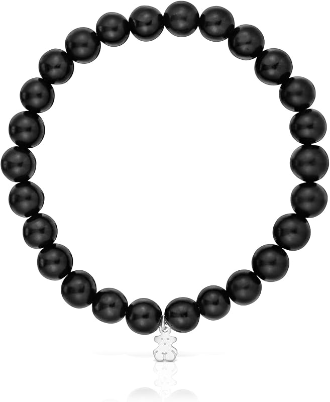 Pulseira elástica preta com motivo de urso em prata esterlina para mulheres, 16,5cm de comprimento, coleção Basics