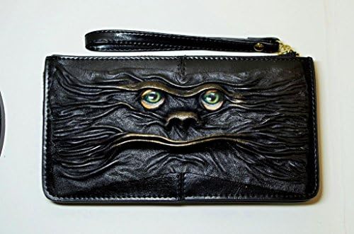 Genuine Leather Long Black Clutch wristlet Women Zipper cowhide Purse Wallet Card Holders. Handcrafted leather bag with face. Smoker monster