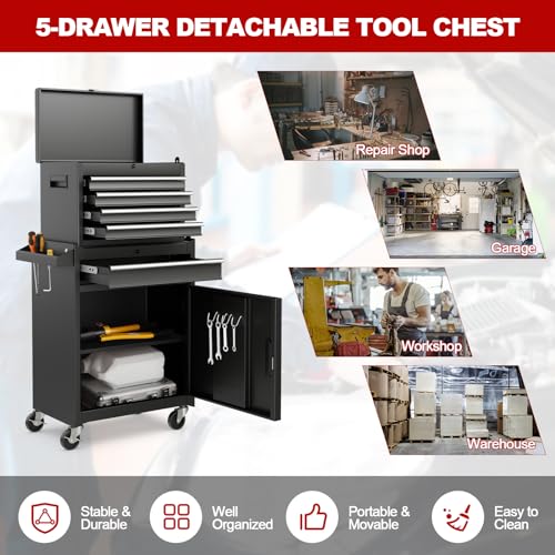 Goplus Rolling Tool Chest, 5 Drawers Tool Storage Cabinet with Universal Lockable Wheels, Detachable Top Toolbox, Lock Bar, Protective Liner, Heavy Duty Metal Tool Cart, Tool Box for Workshop Garage
