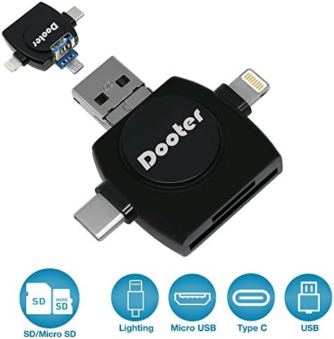 Dooter SD Card Reader,Memory Micro SD USB C Card Adapter Viewer for iPhone iPad Android Apple Mac,Compatiable with Lightning Micro USB Type C 4 in 1 (Black)