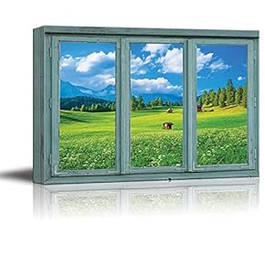 Yellow and Green Meadow with a Forest and Mountains in The Distance - Canvas Art Home Art - 24x36 inches