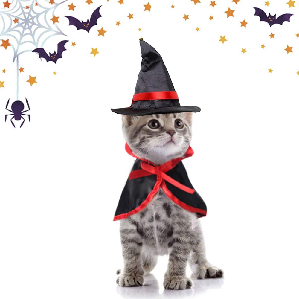 SACALA Cat Halloween Costume, Witch Hat and Wizard Cloak Costume for Cats and Small Dogs Halloween Decoration for Cosplay Party, Pet Cape and Pointed Cap Set