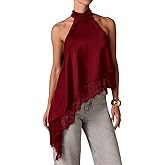 GCZREN Women Y2k Satin Sleeveless Mock Neck Lace Trim Tank Top Elegant Backless Asymmetric Hem Going Out Halter Tops