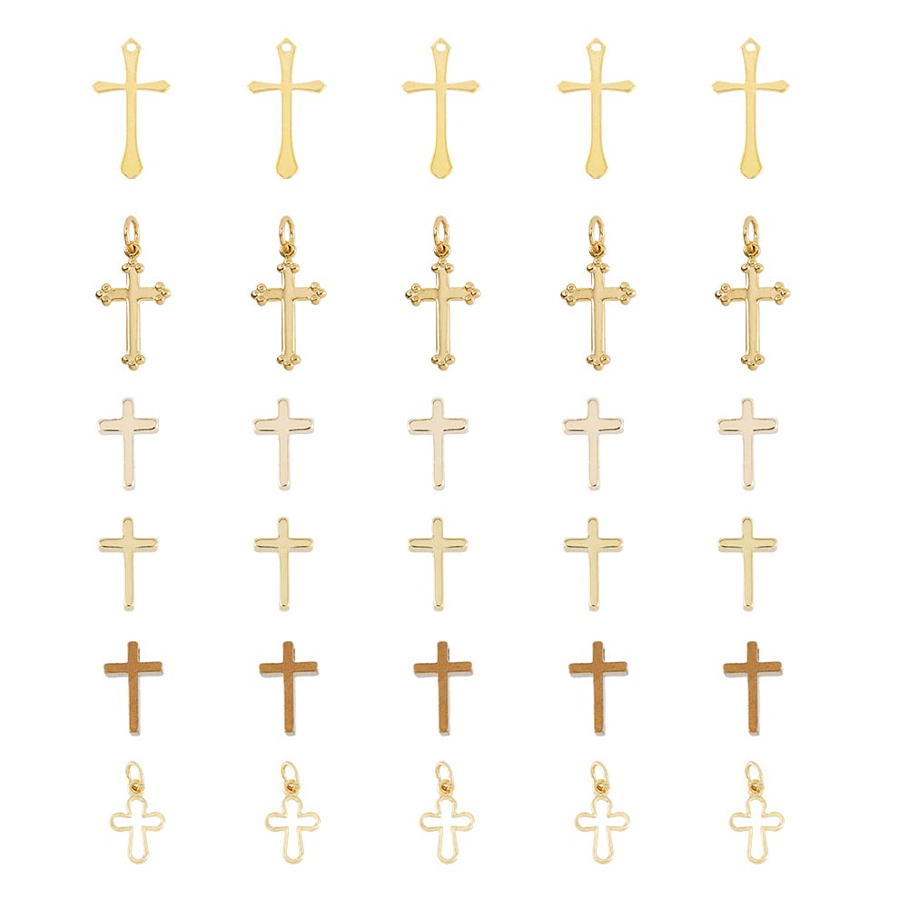 SUPERFINDINGS 36Pcs 6 Styles Small Cross Charms 18K Gold Plated Brass Cross Pendants Jesus Christ Cross Charms Pendants for Jewelry Making Crafting Findings Handmade Craft DIY,Hole: 1~3mm