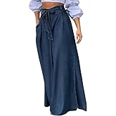 chouyatou Women's Casual Tie Knot Denim Pant High Waist Wide Leg Dressy Jean Pants Palazzo Culottes with Pockets