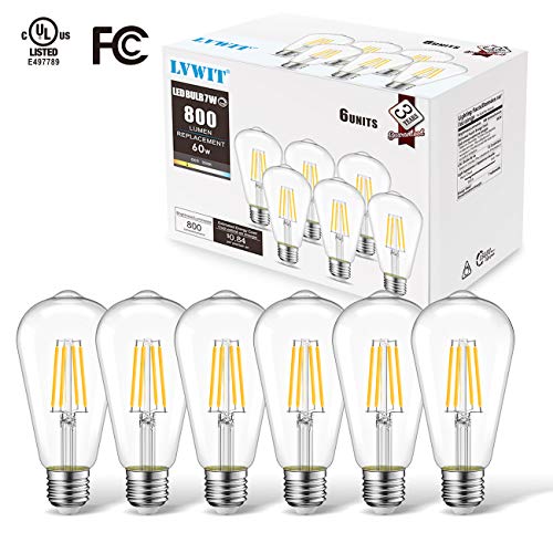 LVWIT Edison Light Bulbs LED, Dimmable 7W (60W Equivalent), ST64 Vintage Filament Light Bulb, 800 Lumens 3000K Soft White, E26 Medium Screw Base, UL-Listed, 6 Pack